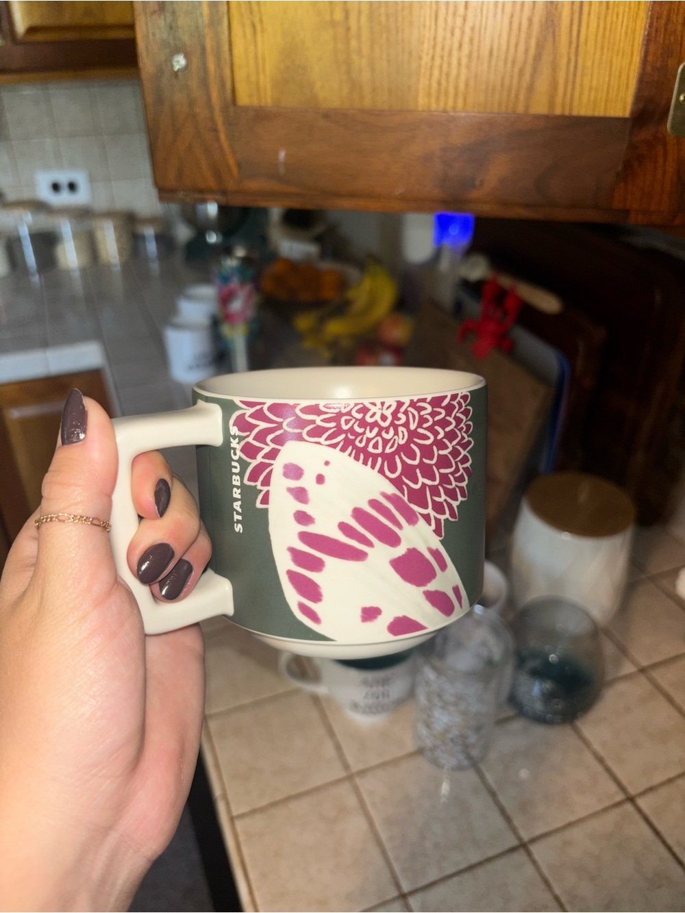 Starbucks Green and Pink Butterfly Floral Ceramic Mug